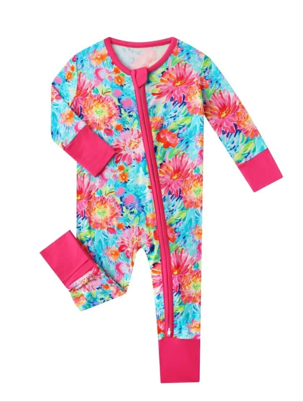 Posh Pink & Aqua Floral Zip Front Footed One-Piece
